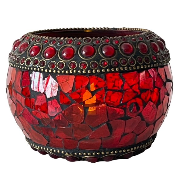 Radiant Elegance: Retro Mosaic Candle Holder / Vase with Brass & Rhinestone Trim - Picture 1 of 13